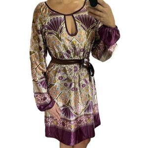 Long Sleeve Silk Print Shift Dress Multicolor Size L